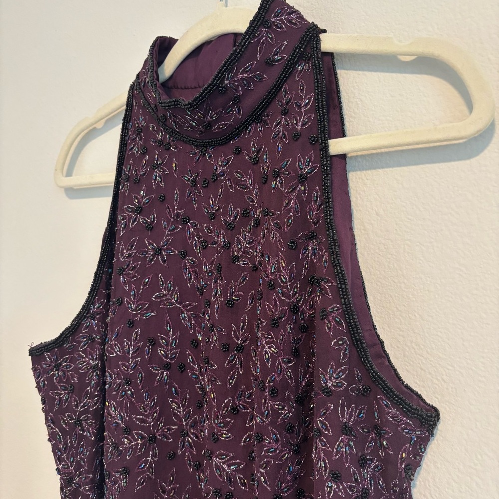 Vintage 90s Y2K Beaded Floral High Neck Party Tank Top Silk Eggplant Purple L